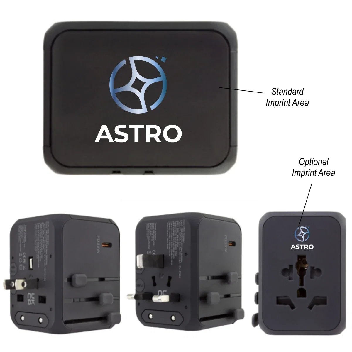 Folding plug prongs shown on the side of the compact unit
