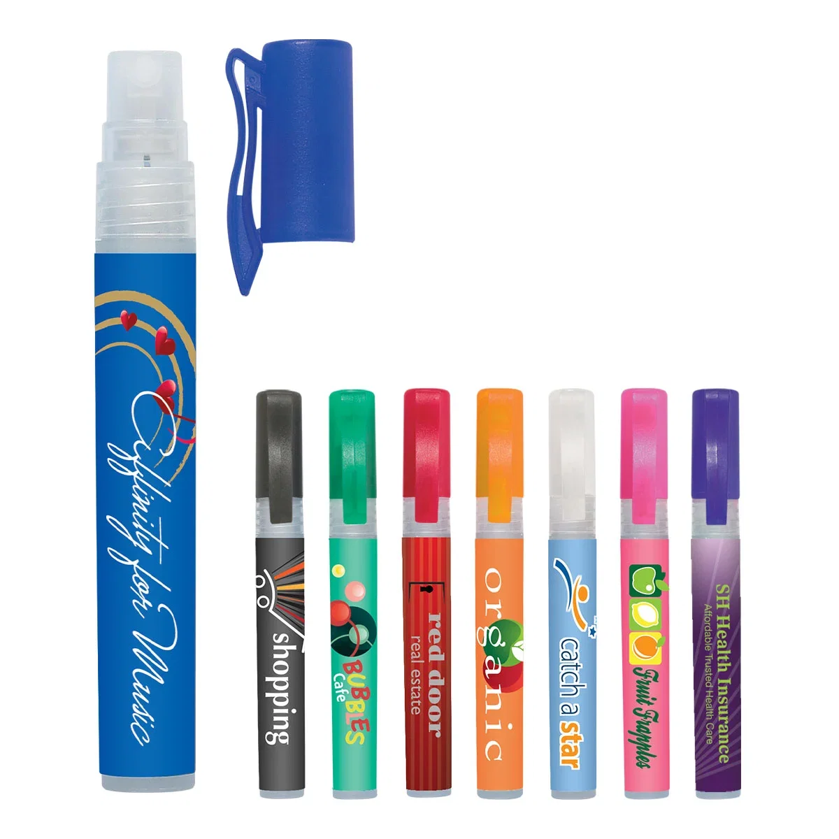 Pocket-sized hand sanitizer spray bottle with a clear body and colored pump cap