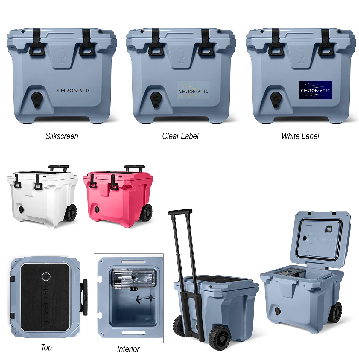 Rolling cooler with sturdy wheels and a long pull handle