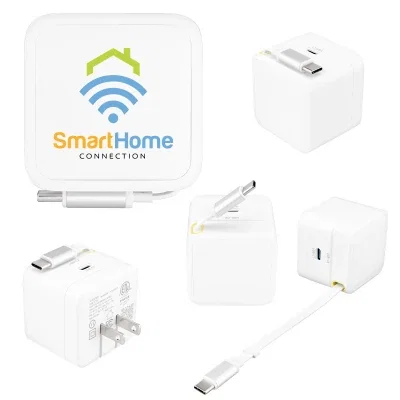 White wall adapter delivering 35 watts through a retractable cord