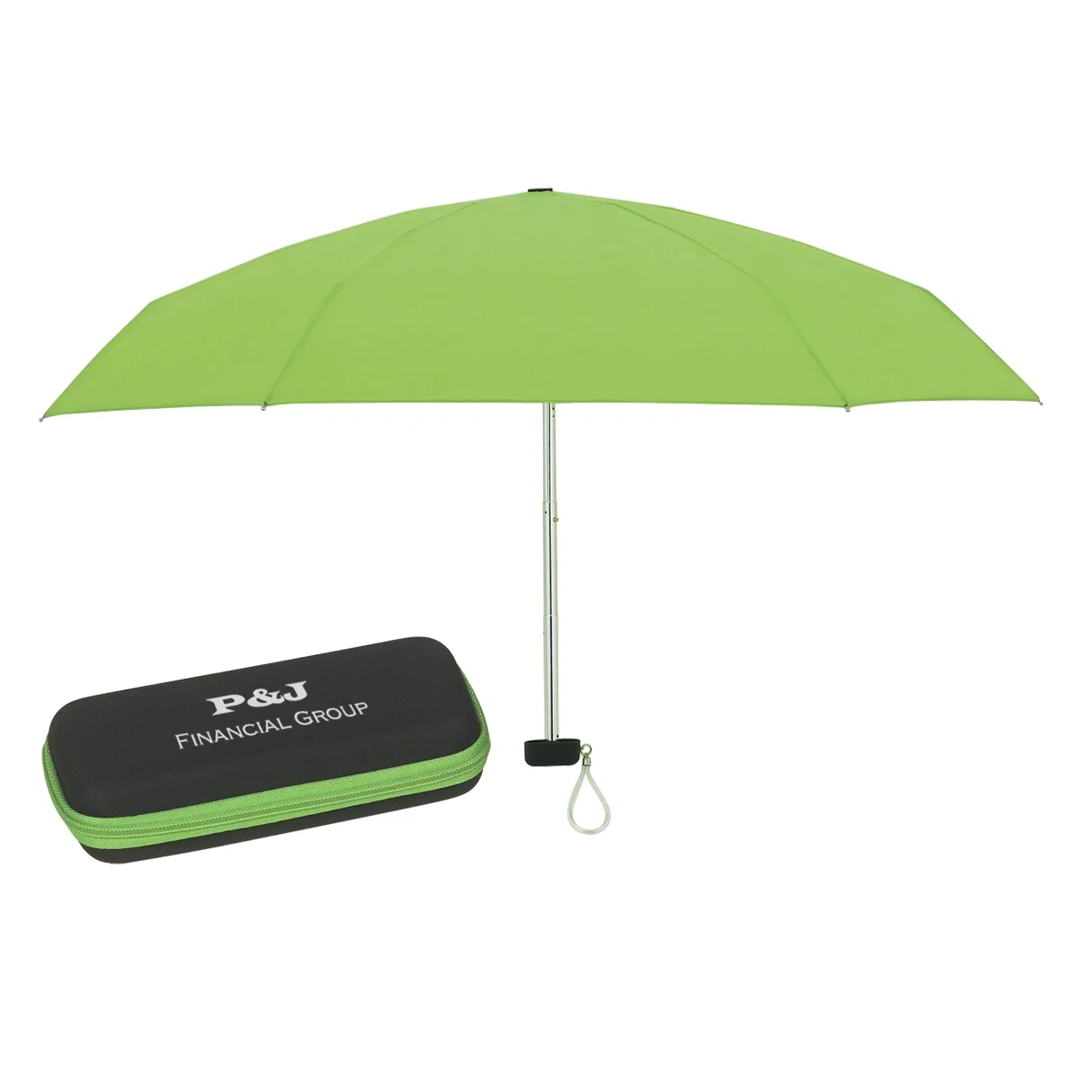 Lime green shade collapsed into its zippered case