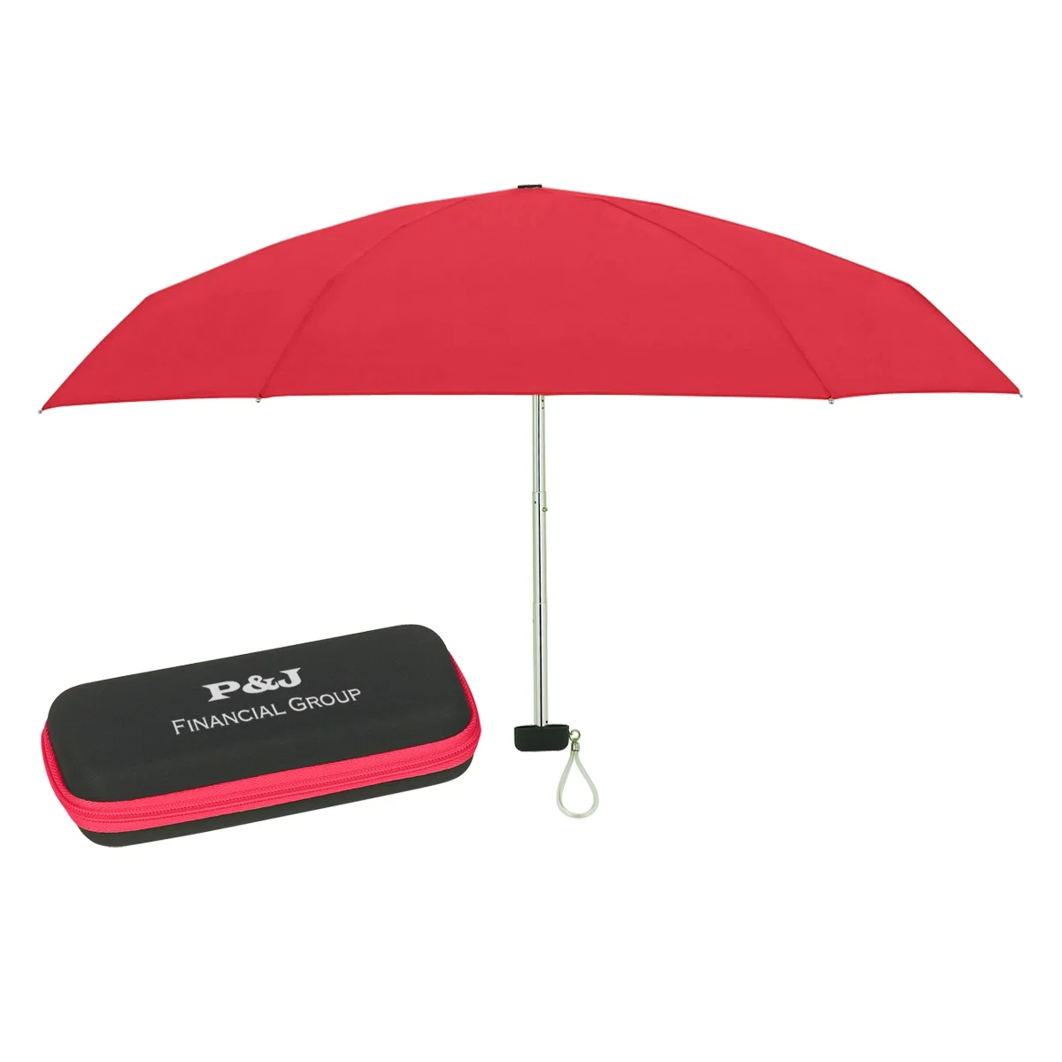 Red umbrella standing beside the EVA carrying case
