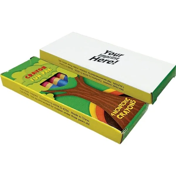 4-color imprinted crayon pack with red, blue, green, yellow non-toxic crayons