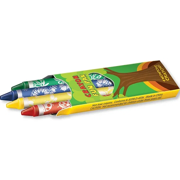 4-color crayon Fun Pak open showing red, blue, green, yellow non-toxic crayons