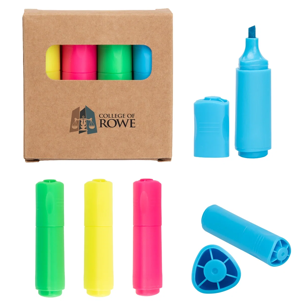 Compact set of four mini highlighters in a natural paper holder