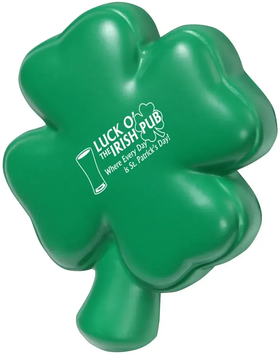 Custom 4-Leaf Clover Stress Reliever, branded lucky clover squeeze toy with round logo print space for pubs