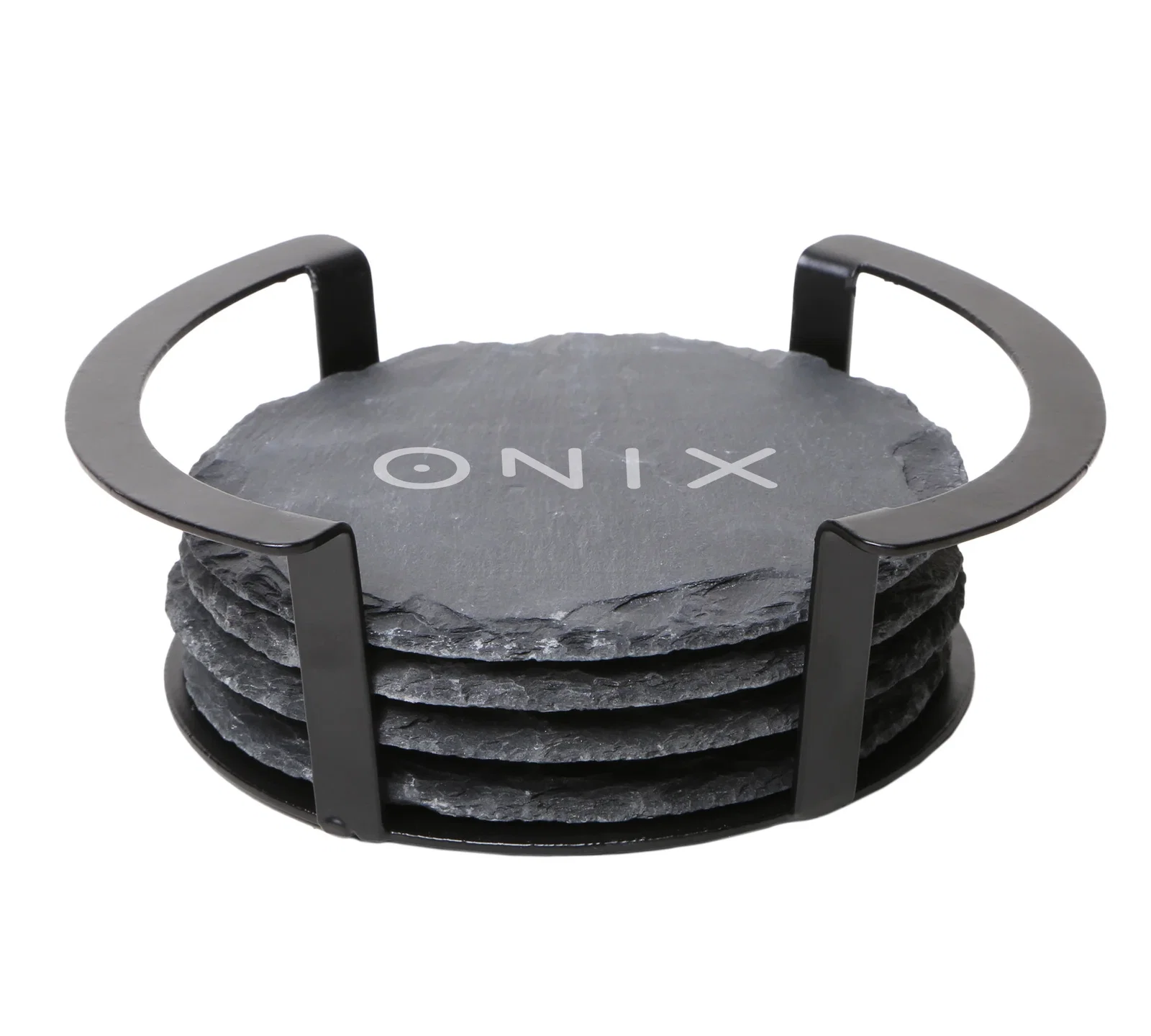 4 Pc. Round Slate Coaster Set with Black Metal Stand — view 2