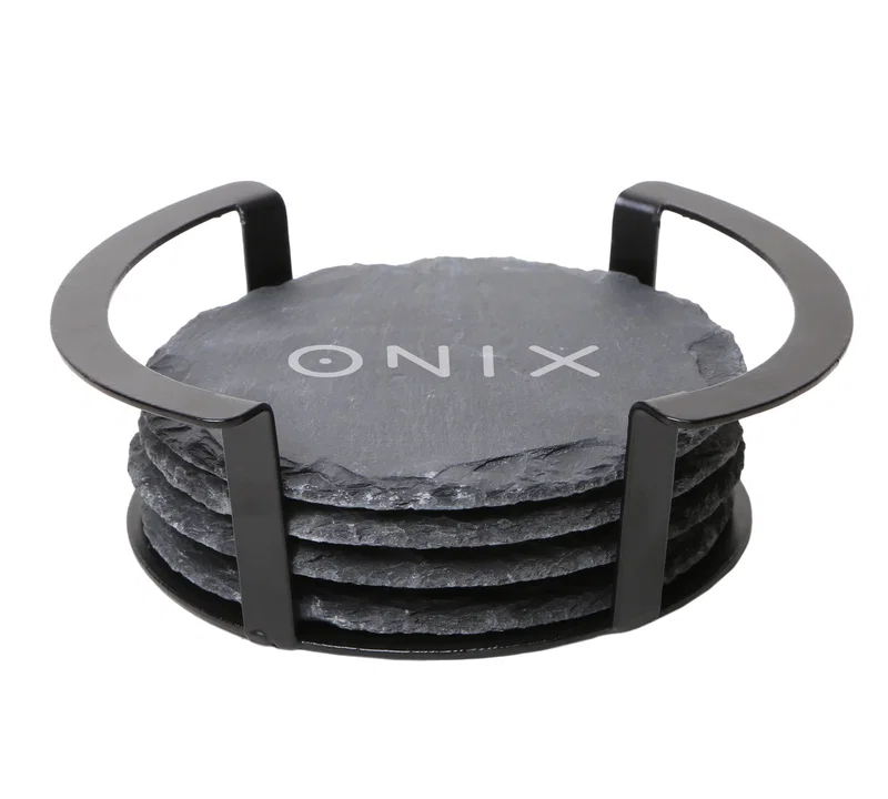 4 Pc. Round Slate Coaster Set with Black Metal Stand — view 2