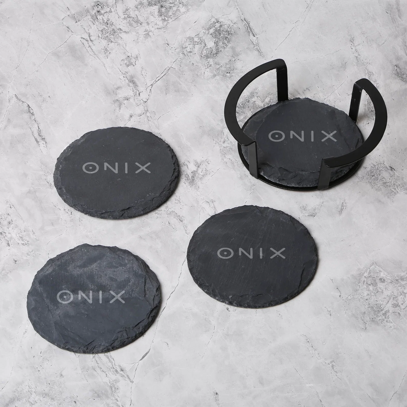4 Pc. Round Slate Coaster Set with Black Metal Stand — view 3