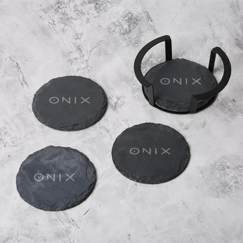 4 Pc. Round Slate Coaster Set with Black Metal Stand — view 3
