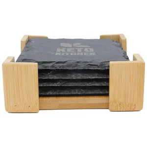 4-Piece Slate Coaster Set, Bamboo Stand, Foam-Padded Feet