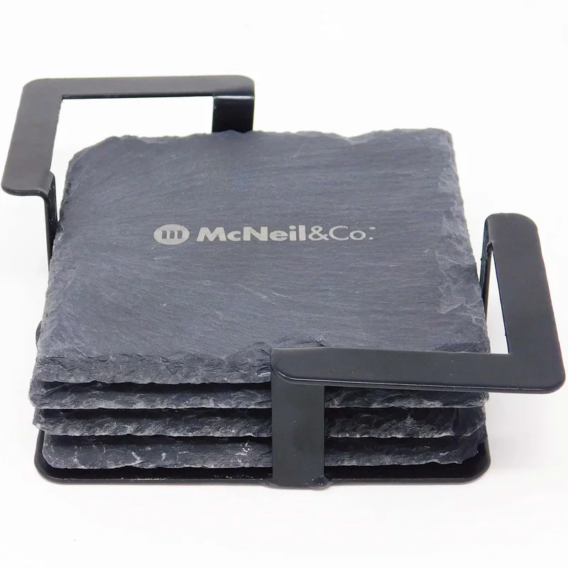 4 Pc. Square Slate Coaster Set with Black Metal Stand — view 3
