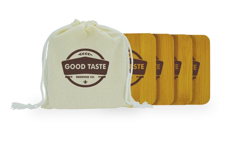 4-Piece Linen-Bag Bamboo Coaster Set. Bamboo coaster set with linen bag for housewarming and closing gifts