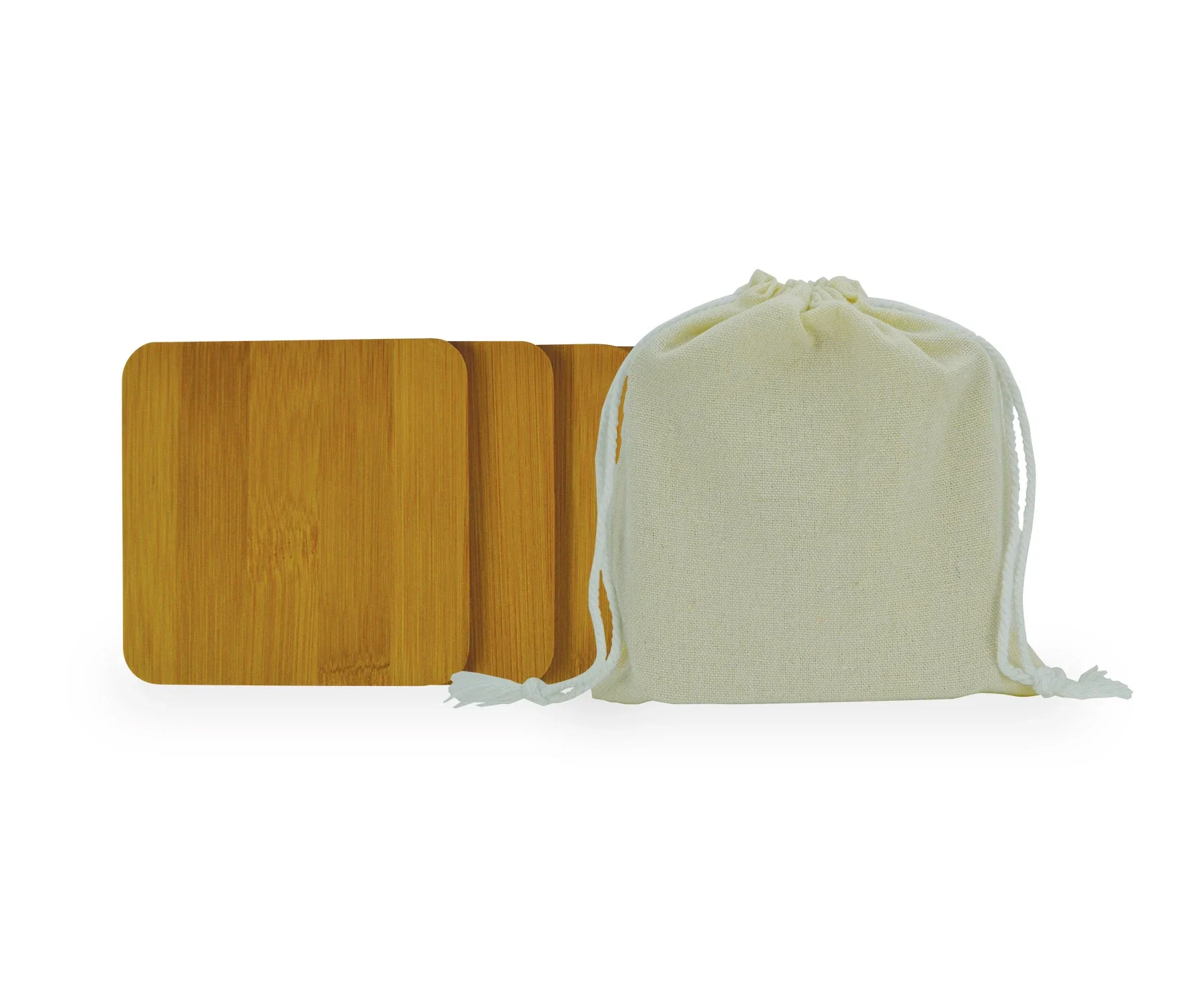 4-Piece Linen-Bag Bamboo Coaster Set. Bamboo coaster set with linen bag for housewarming and closing gifts, view 2