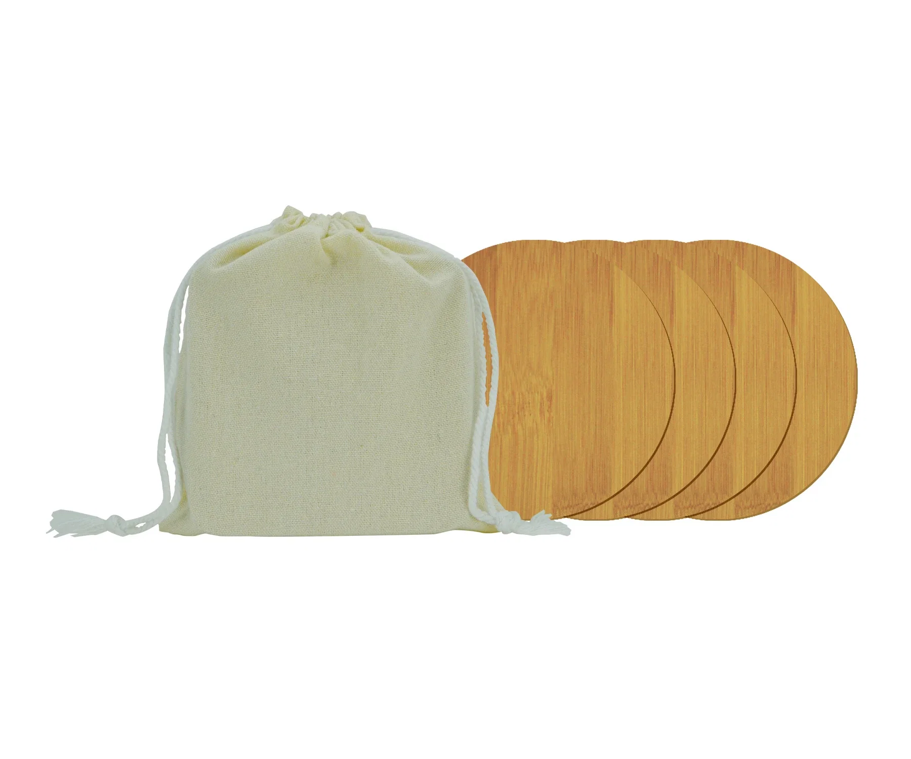 4-Piece Round Bamboo Coaster Set. Round bamboo coaster set with linen bag for housewarming gifts, view 2