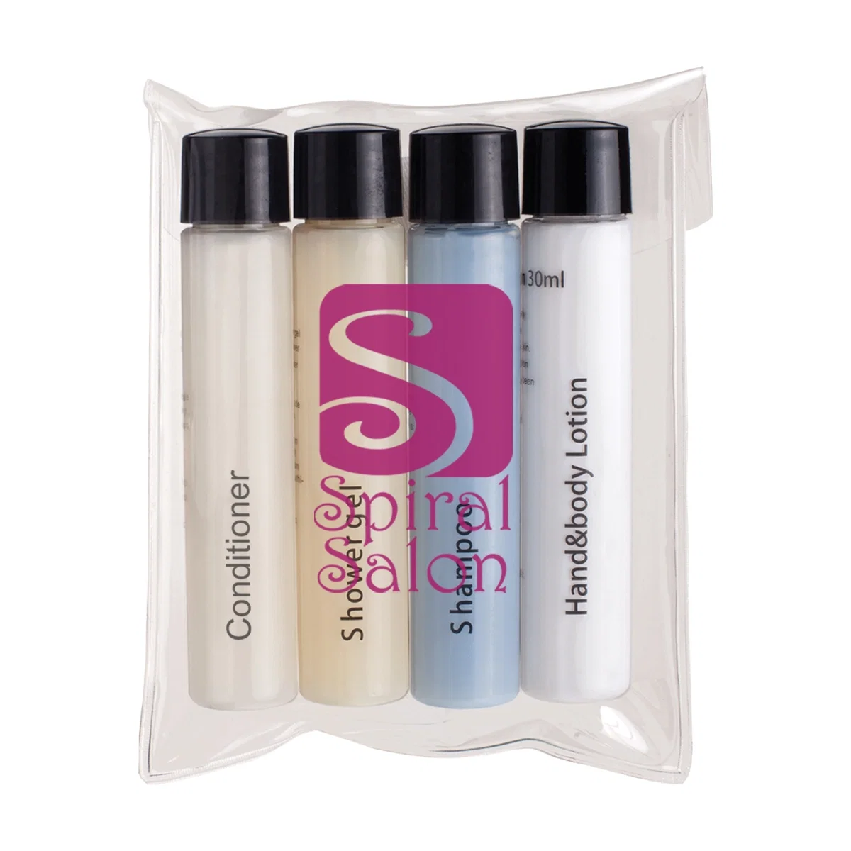 Four piece travel kit packed in a clear zip bag