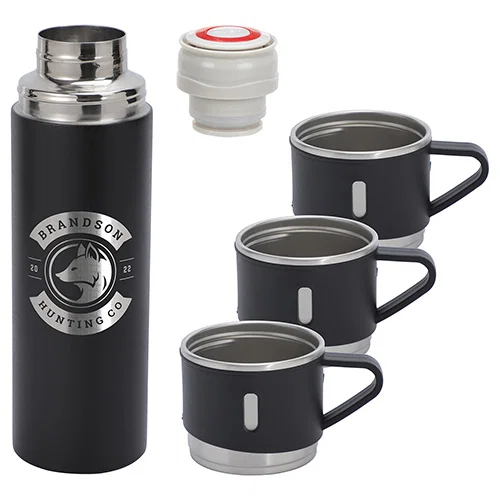 Custom branded 4-piece vacuum insulated bottle gift set, front view of promotional drinkware set