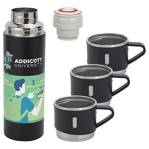 Promotional 4-piece insulated bottle and cups set, custom branded drinkware gift set arranged