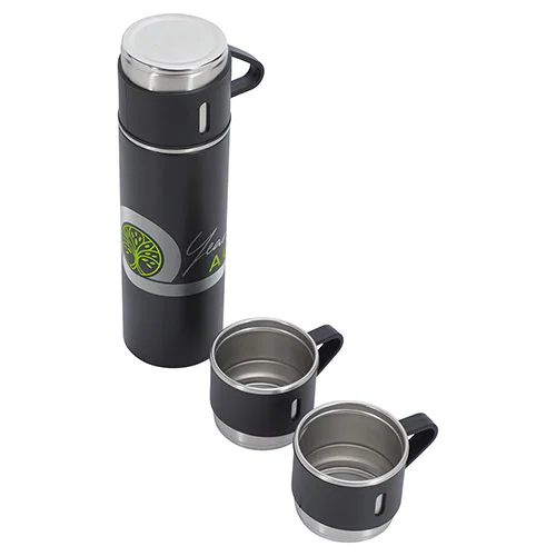 Branded 4-piece vacuum insulated gift set, angled view of custom promotional bottle and cups
