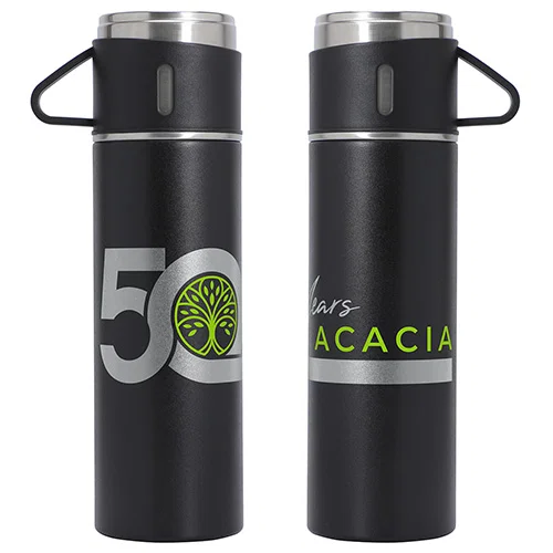 4-piece insulated bottle gift set in black, custom branded promotional drinkware set
