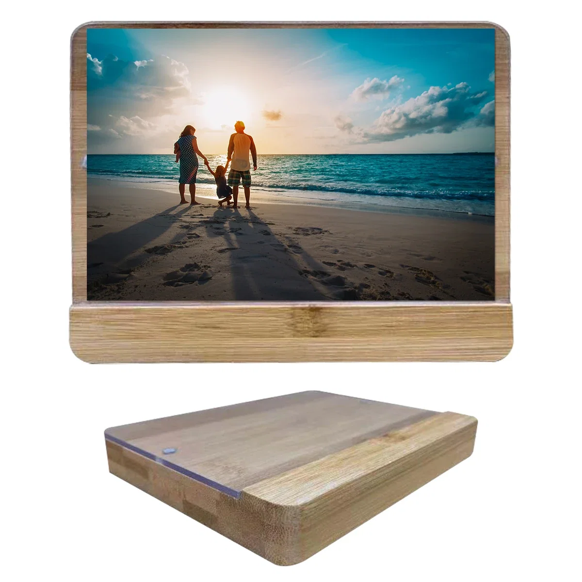Frame standing upright on a desk surface