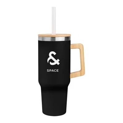 Forty ounce recycled steel tumbler capped with a bamboo lid
