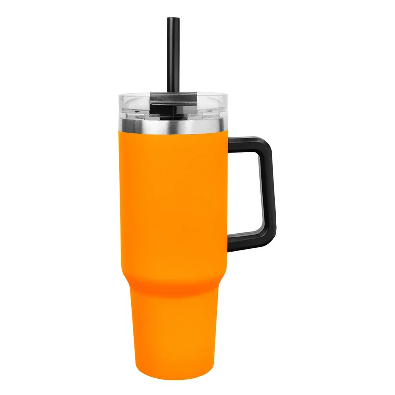 Lime green finish on the tall stainless drink container