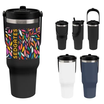 Recycled steel tumbler in a forty-ounce size standing ten inches tall