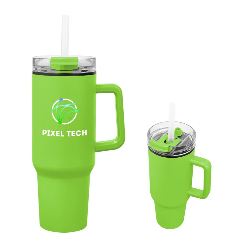Front-facing photo of the recycled steel drink container