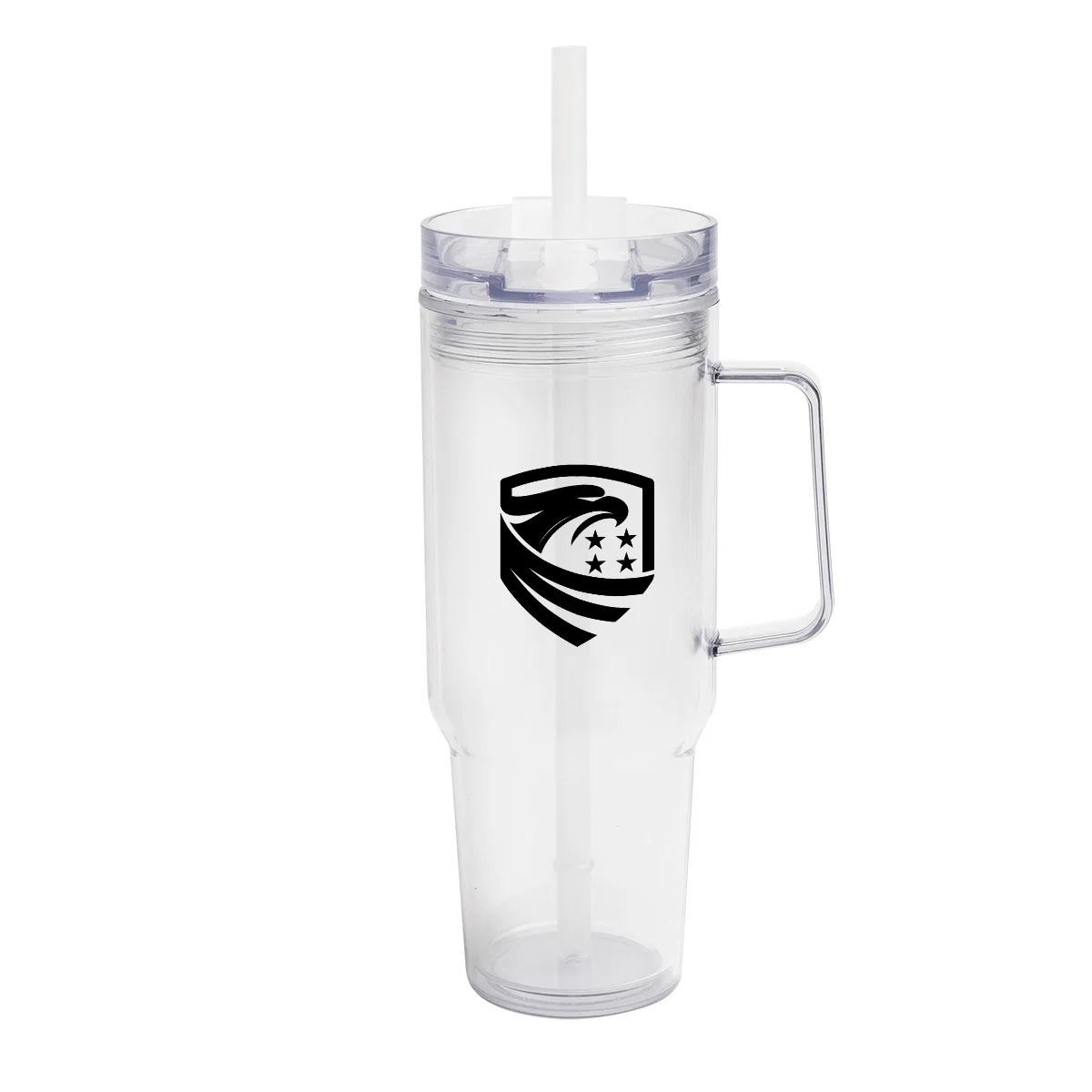 Forty ounce double wall tumbler standing with its lid on