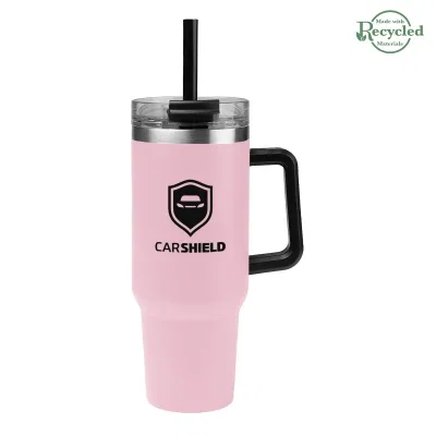 Stainless steel tumbler holding 40 ounces and standing ten inches tall.