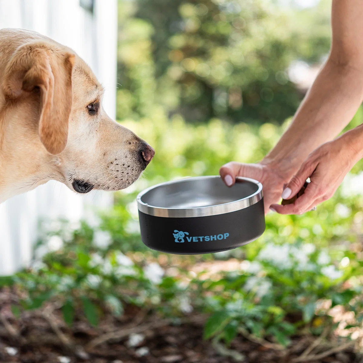 40 Oz. Stainless Steel Pet Bowl held in hand