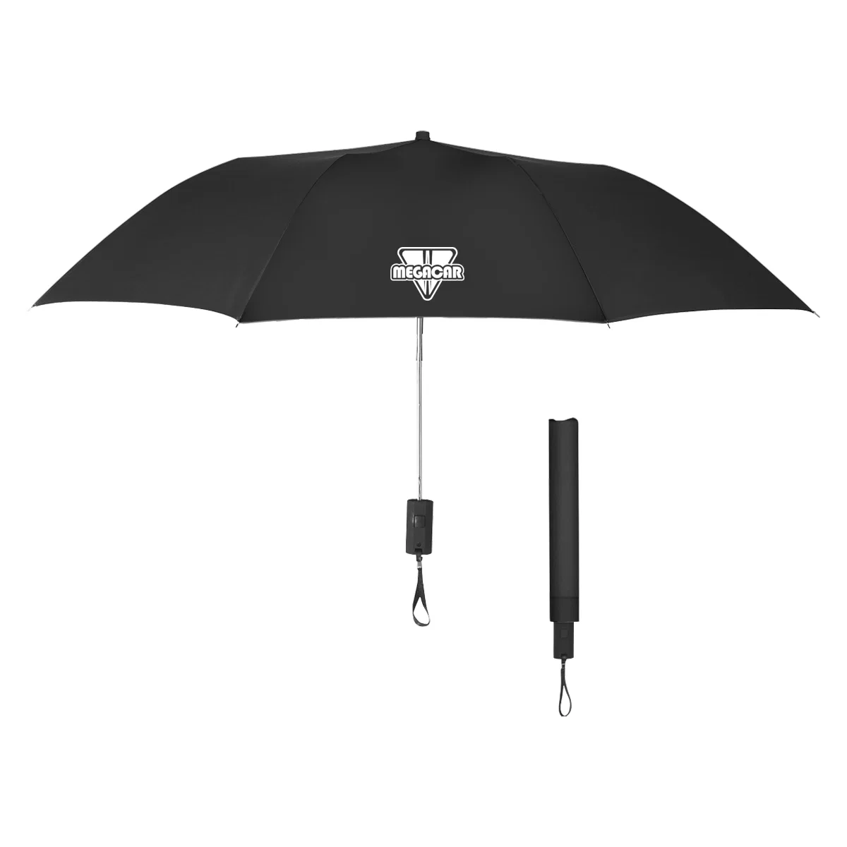 Black folding umbrella opened to its full forty-four-inch arc