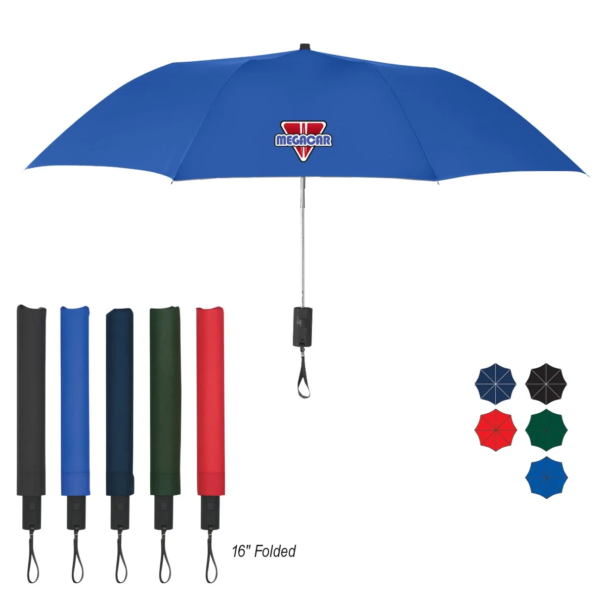 Folded umbrella lying flat to show its slim closed profile
