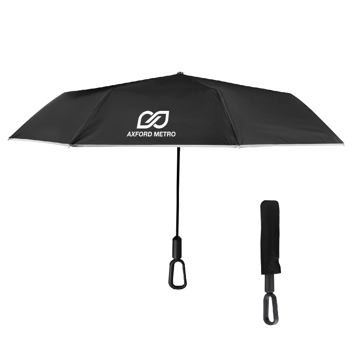 Forty six inch arc umbrella with reflective trim and carabiner handle