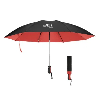 Inversion umbrella with a two-tone recycled canopy opened wide