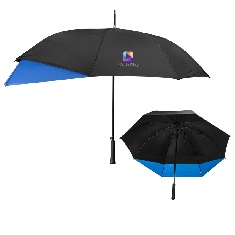 Umbrella closed and strapped for storage between uses