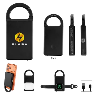 Power bank with a built-in carabiner for clipping onto bags