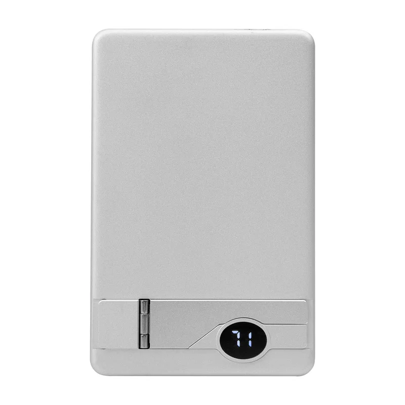 Battery pack stacked against a device to show its footprint