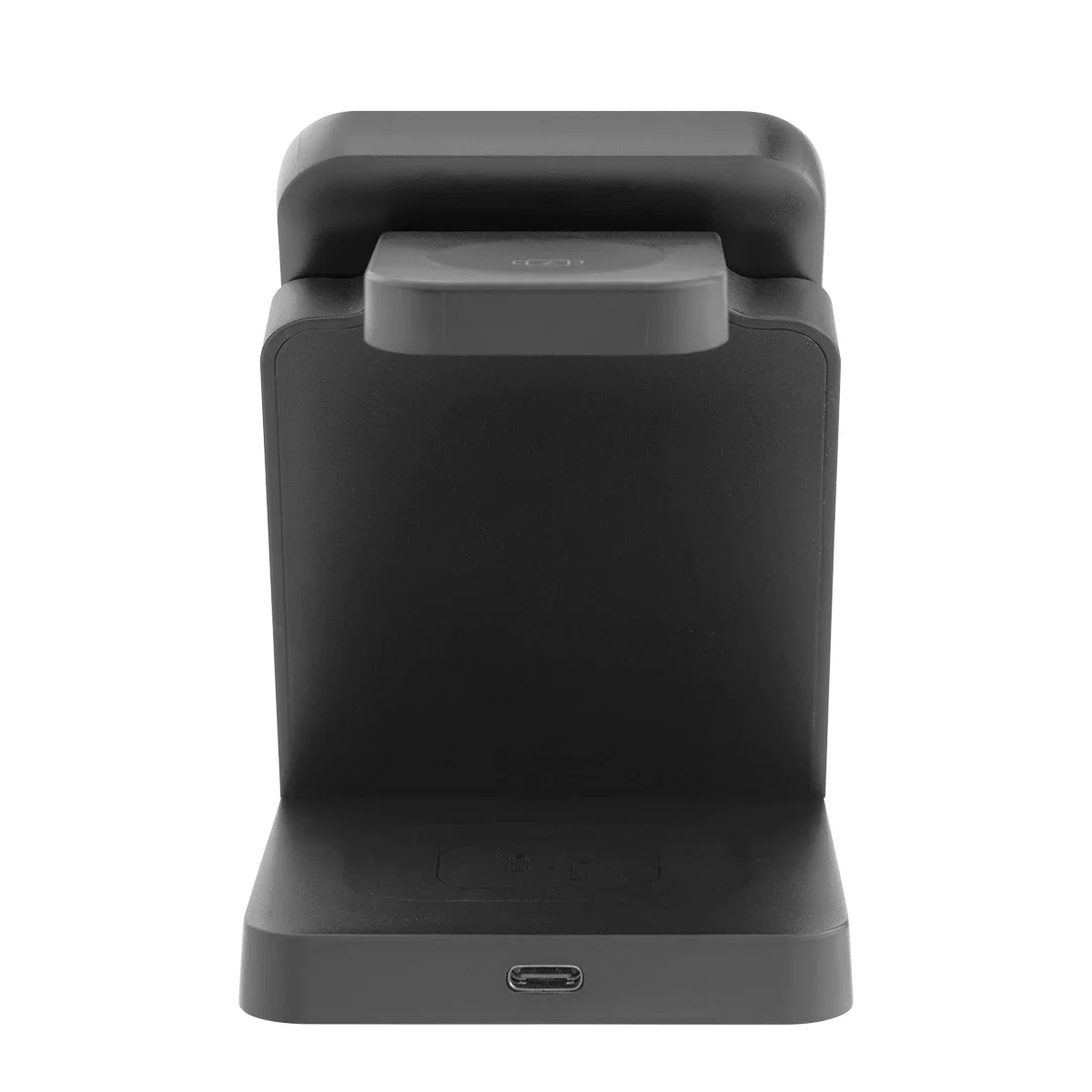 Black unit standing upright beside its watch dock