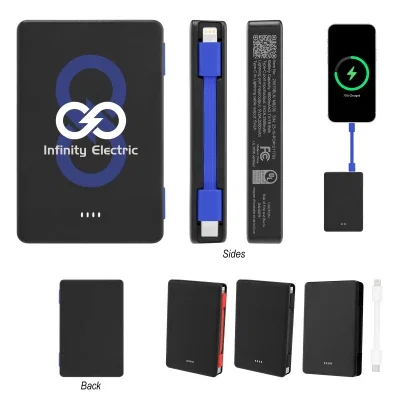 Black five thousand milliamp power bank with an attached cable