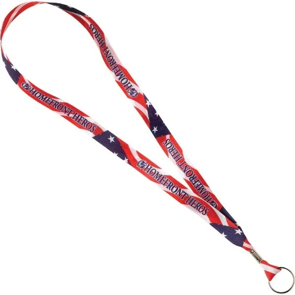 5/8 inch full-color polyester ribbon lanyard with sublimated step-and-repeat logo, hero view