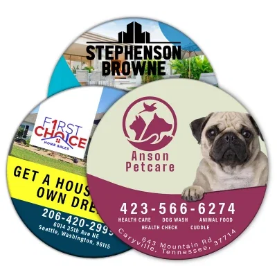 Round car magnet shown flat with a blank face