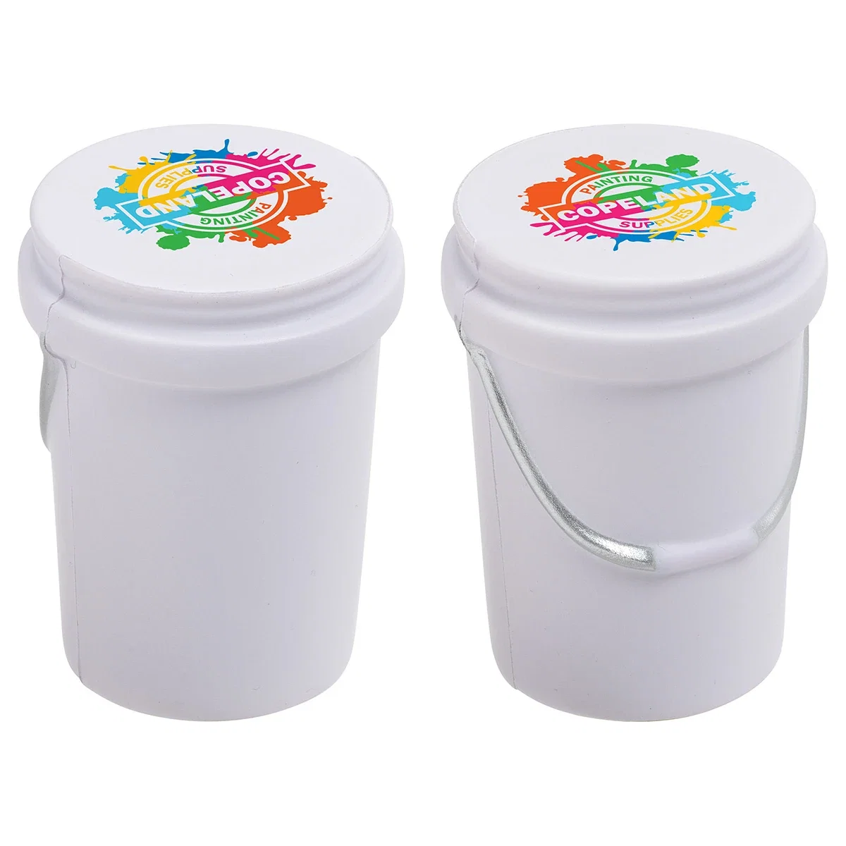 5-gallon bucket squeezable stress reliever with logo, angled view