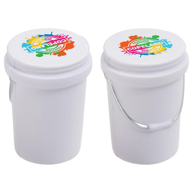 5-gallon bucket squeezable stress reliever with logo, angled view