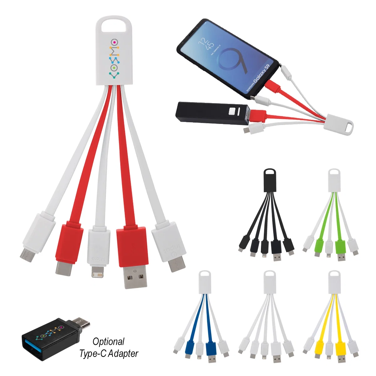 Compact charging cable with five connector tips