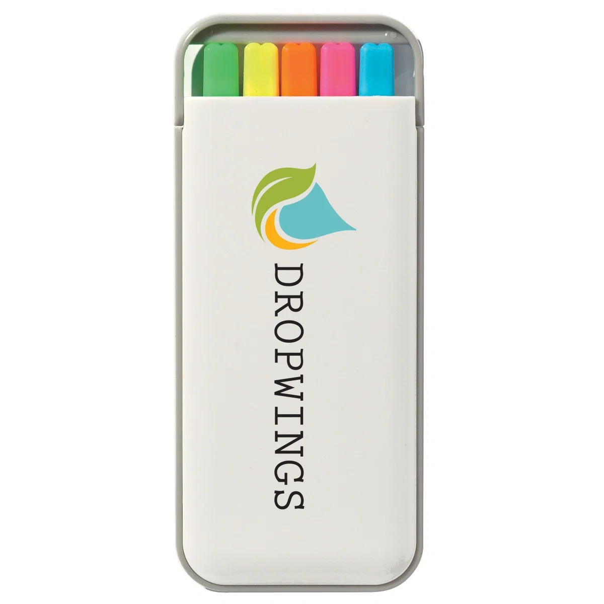 Five highlighters packed into a white case with gray trim