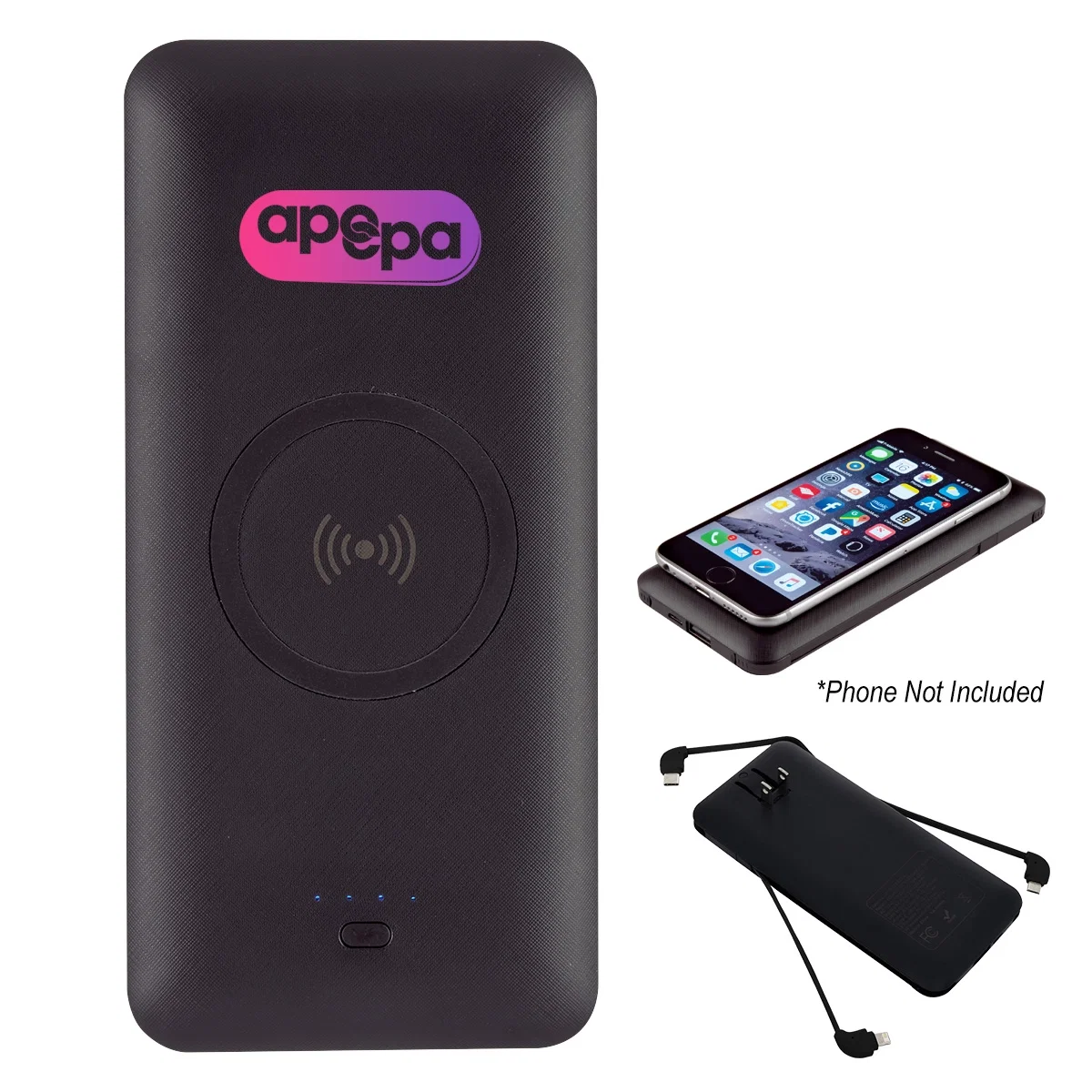 Wireless power bank standing upright on a flat surface