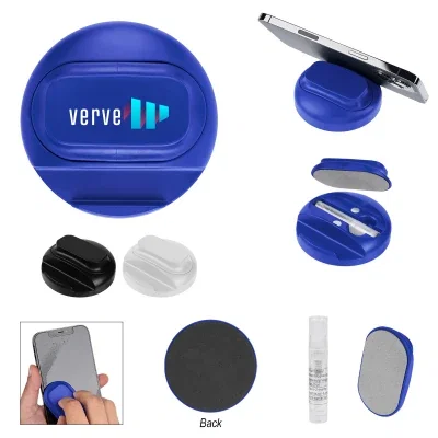 Screen cleaner spray paired with a folding phone stand