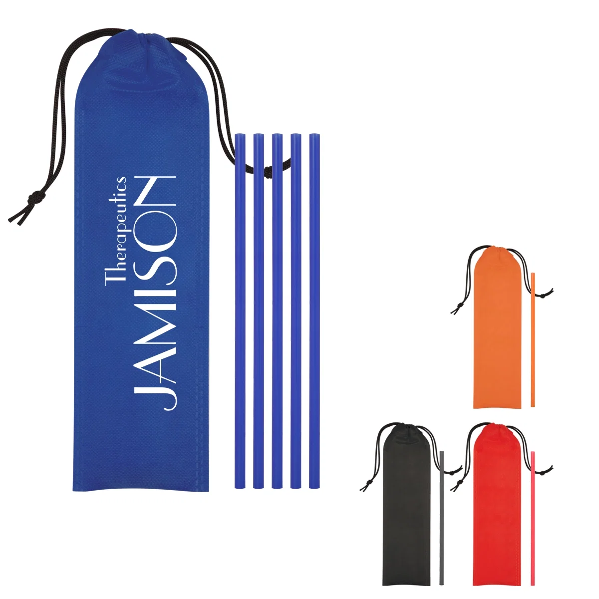 Five translucent straws shown with the matching carrying pouch